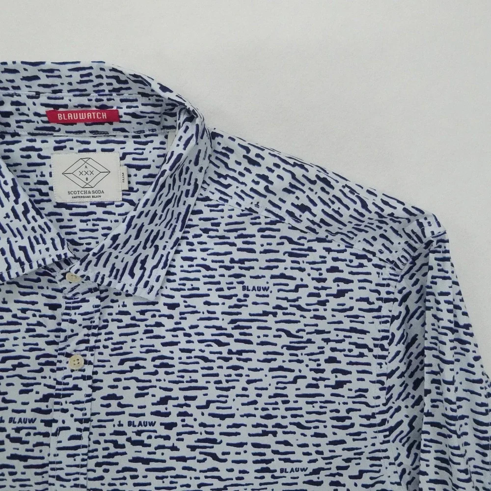 Scotch & Soda Shirt Mens XL White Blue Slim Fit Abstract Print Button Down